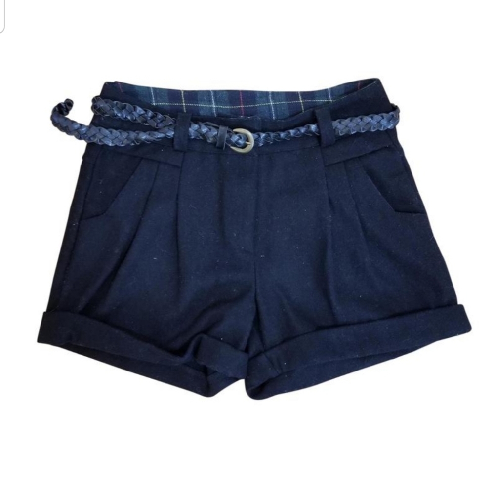 Korean Brand Black Winter Shorts Cuffed Shorts with braided belt Dress shorts